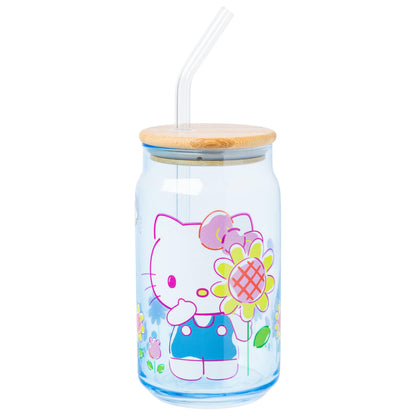 Silver Buffalo Sanrio Hello Kitty Floral Glass Tumbler with Bamboo Lid and Glass Straw, 16 Ounces
