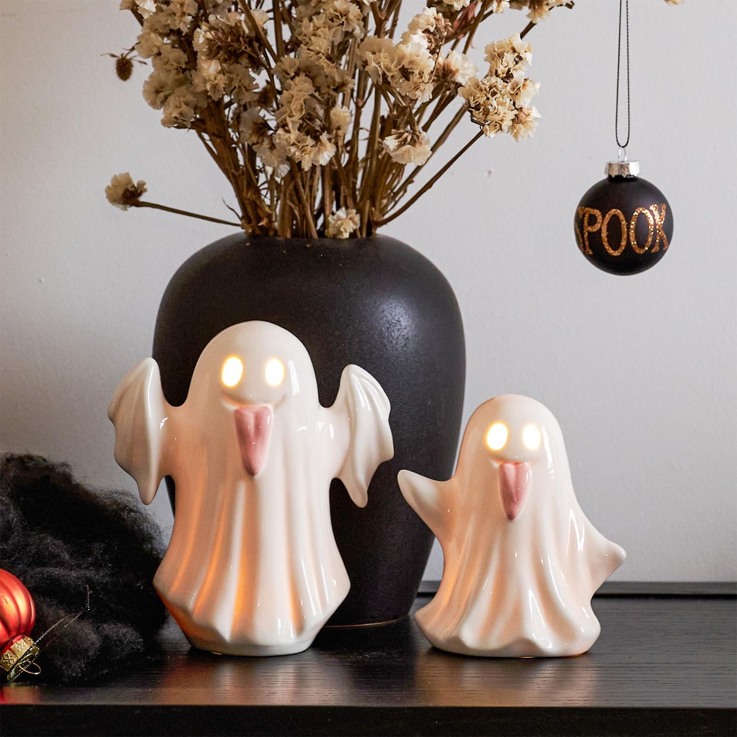 WDS WONDROUS Halloween Decor Light Up Ceramic Ghost Figurines – White Ghost with Pink Tongue Set of 2 – Fall Halloween Indoor Decorations for Home Table Office Desk Decor, Cute Ghost Statues
