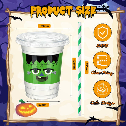Jingmore 24 Sets 12 oz Halloween Gifts Cups Set Halloween Goodie Candy Bags with Card Ribbon and OPP Bags Disposable Plastic Clear Cups with Lids and Paper Straws for Treat Party Favor Supplies