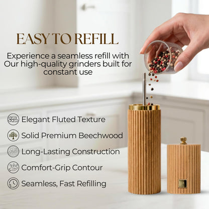 Wooden Salt and Pepper Grinder Set – Refillable Beechwood Salt & Pepper Mills with Gold Accents, Adjustable Ceramic Mill, Matching Wood Stand – Premium Kitchen Gift Set