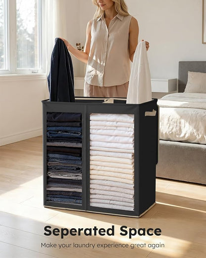 SOLEDI Large Double Laundry Hamper with Lid,165L Collapsible Clothes Hamper 2 section with Removable Bags, Space-Saving Laundry Basket for Bedroom, Dorm, College