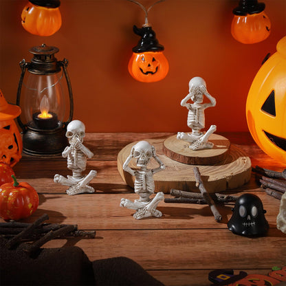 IBWell Set of 3 Mini Skeletons Statue “Hear See Speak No Evil” Sitting Skulls Figurines for Halloween Gothic Small Resin Skeletal Creepy Spooky Sculpture Home Decoration