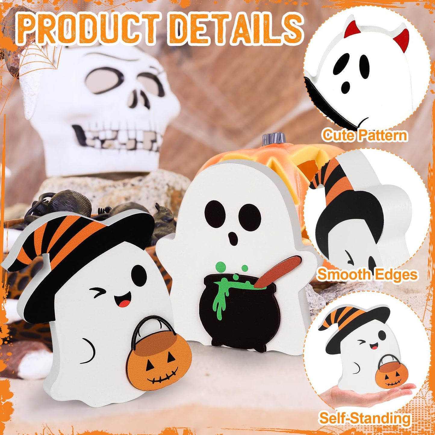 COCHIE Cute Ghost Halloween Decorations Indoor, Wooden Tiered Tray Decor Table Sign Set of 3, Black Cat Bat Witch Broom Signs Pumpkin Blocks for Party Home Shelf Display (C-Ghost)