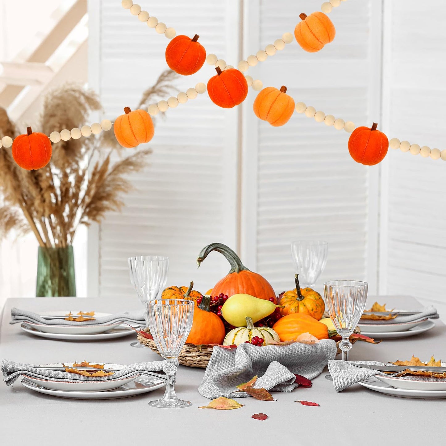 JarThenaAMCS Fall Felt Pumpkin Garland 8.2FT Wood Bead Garland with 3D Pumpkin Autumn Hanging Banner for Thanksgiving Home Wall Fireplace Decor