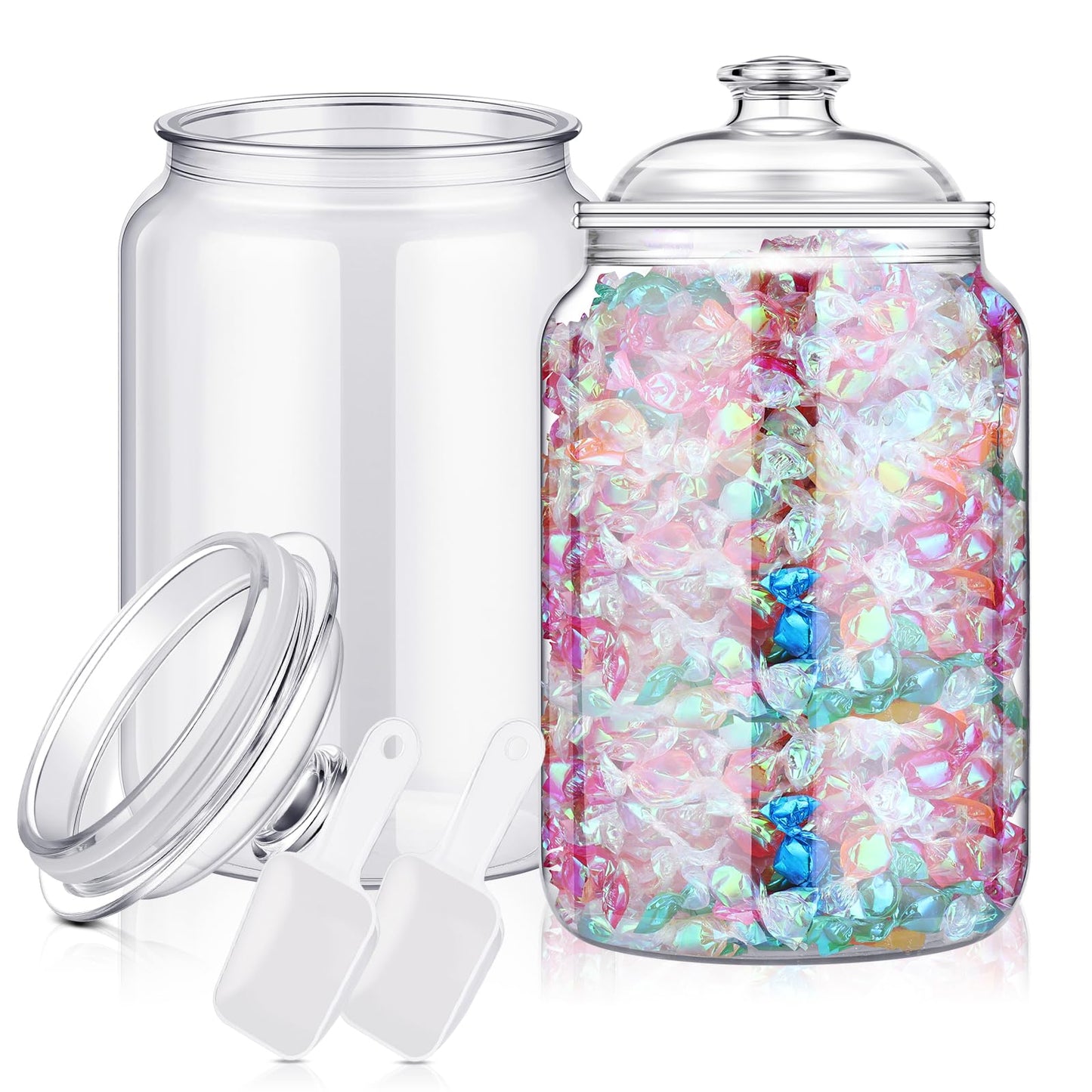 mwellewm 2 Pc Candy Jar with Lids 1 Gallon Large Candy Containers with Spoon Clear Plastic Cookie Dispenser Airtight Apothecary Storage Organization Snack Buffet Bar Dish for Wedding Home Classroom