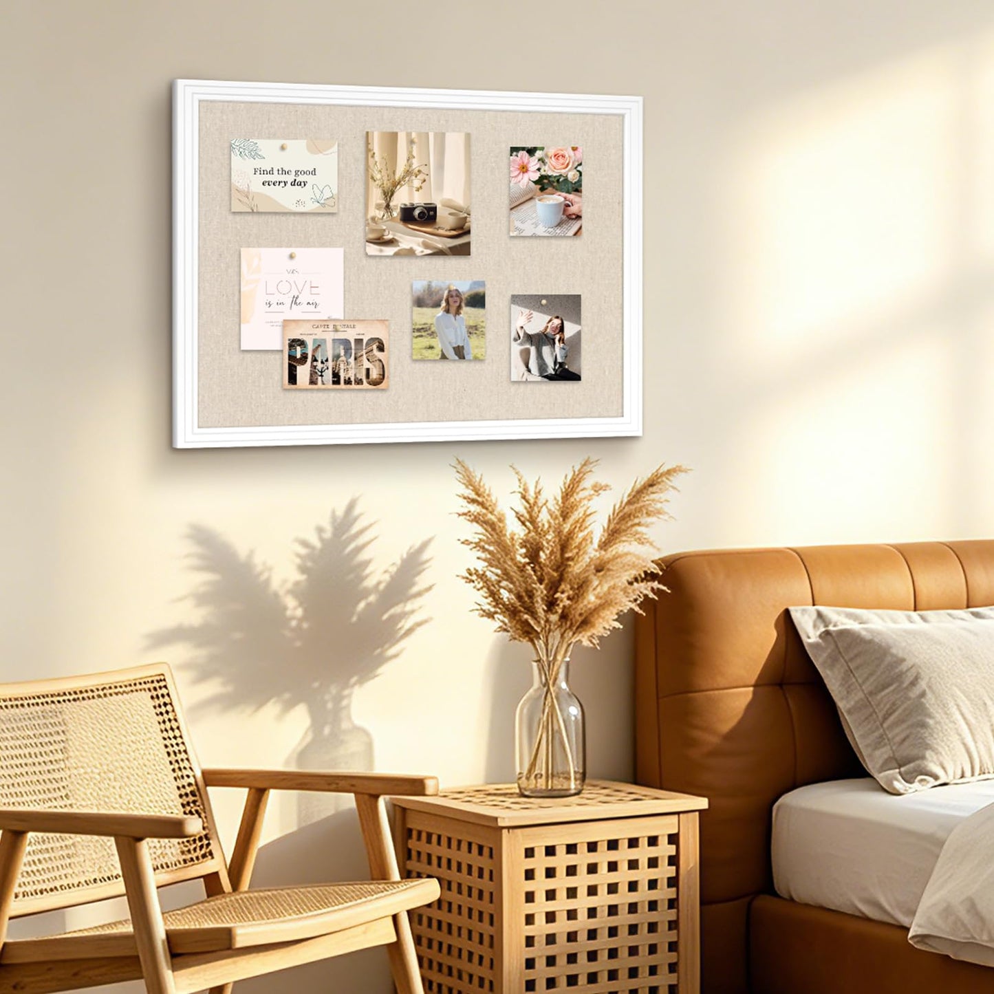 DOLLAR BOSS Linen Bulletin Board 36" x 24", Decorative Cork Boards for Walls with White Wood Frame, Premium Fabric Pin Board for Office, Home & School Room Decor, White