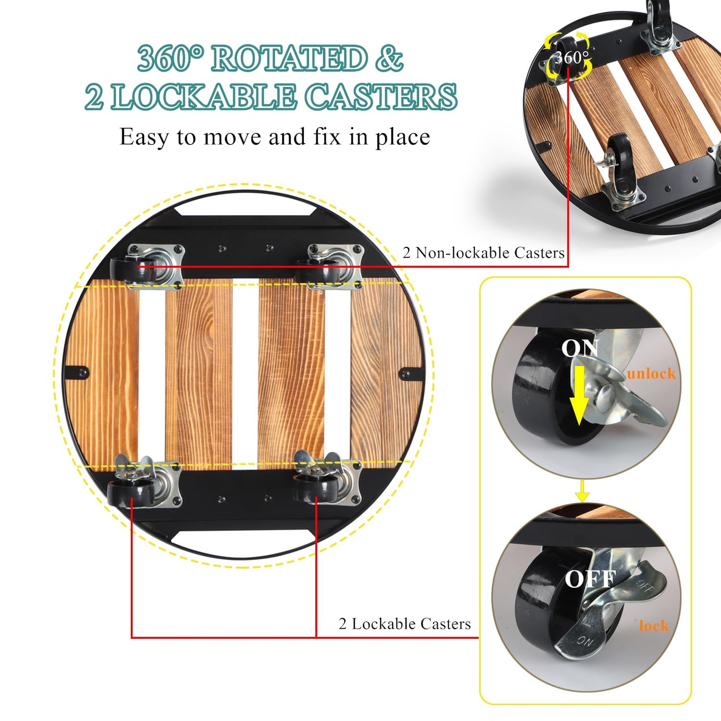 2 Pack Plant Caddy with Wheels,14" + 12" Rolling Plant Stand 264 LB Heavy Duty, Iron and Wood Round Plant Dolly with Metal 360° Lockable Wheels for Outdoor Indoor Large Plant Pots, Patio, Flower Pot
