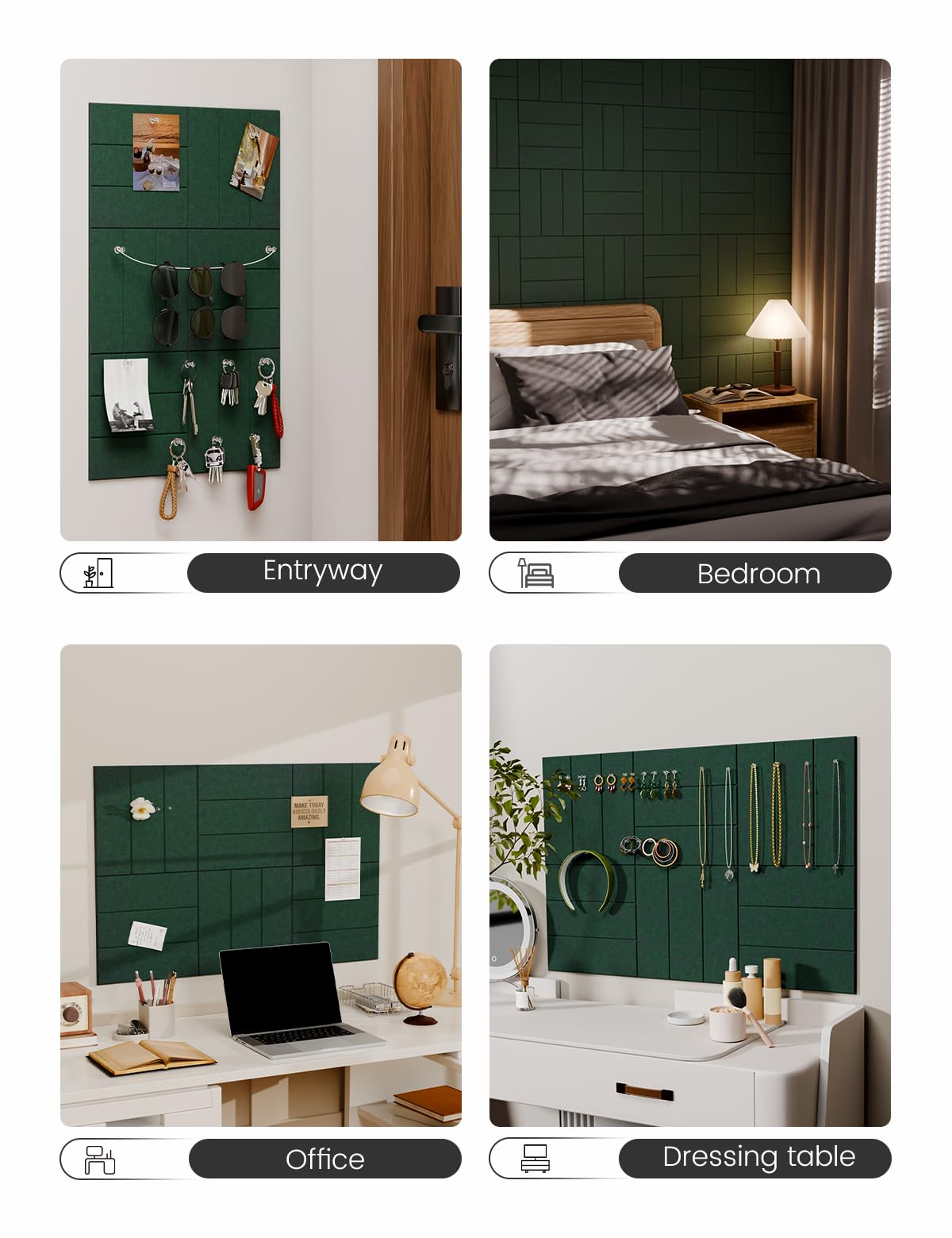 Felt Bulletin Board Tiles -28"x18" with 40 Adhesive Tabs, Cork Board Alternative for Office Decor, Push Pin Board Wall Organizer 6-Pack (Pine Green)