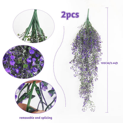 RECUTMS Artificial Vine Plants 2 Pack Fake Hanging Flower Plants Faux Ivy Vine Leaves Plastic Baby Breath Greenery UV Resistant for Home Bedroom Wall Porch Garden Wedding Decor (Purple)