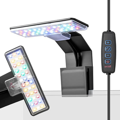 Mini Clip-On Aquarium Light 7W USB Dimmable Fish Tank Lamp with 3 Light Modes (Full Spectrum/White/RGB), 9-Level Brightness, Compact LED Light for 1–3 Gallon Aquariums (Adapter Not Included)