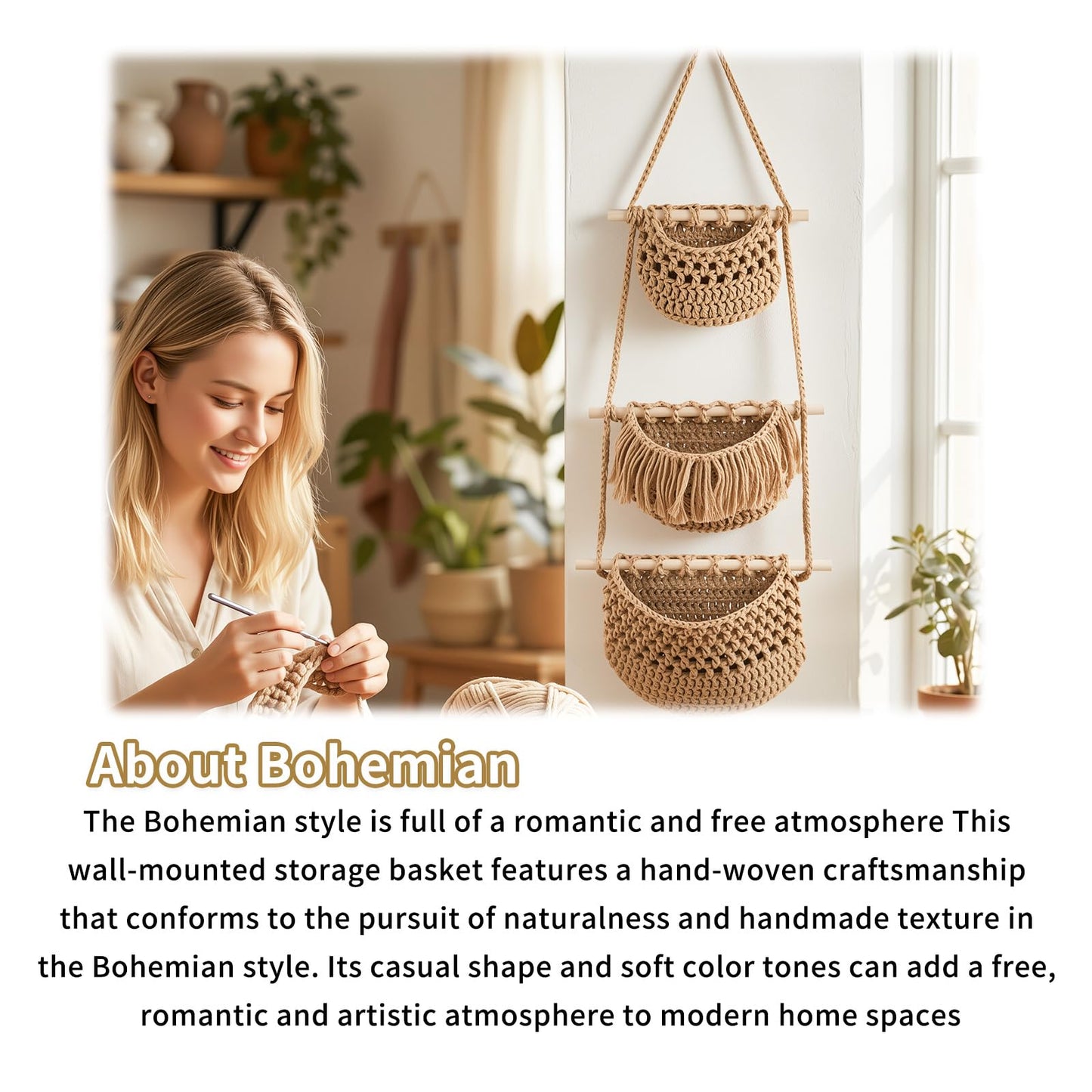 SFSSCDF 3 Tier Hanging Fruit Basket for Kitchen, Macrame Produce Hammock for Potato and Onion Storage, Handwoven Cotton Rope Wall Hanging Vegetable Baskets, Boho Kitchen Decor & Space Saver