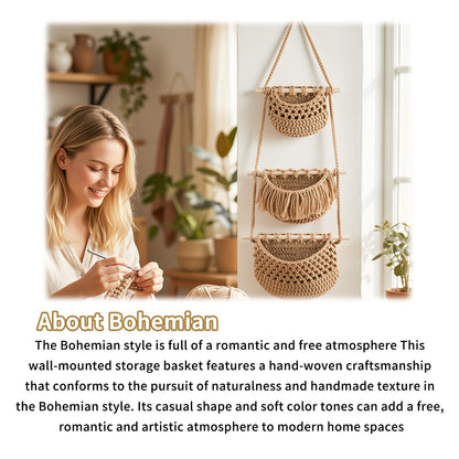 SFSSCDF 3 Tier Hanging Fruit Basket for Kitchen, Macrame Produce Hammock for Potato and Onion Storage, Handwoven Cotton Rope Wall Hanging Vegetable Baskets, Boho Kitchen Decor & Space Saver