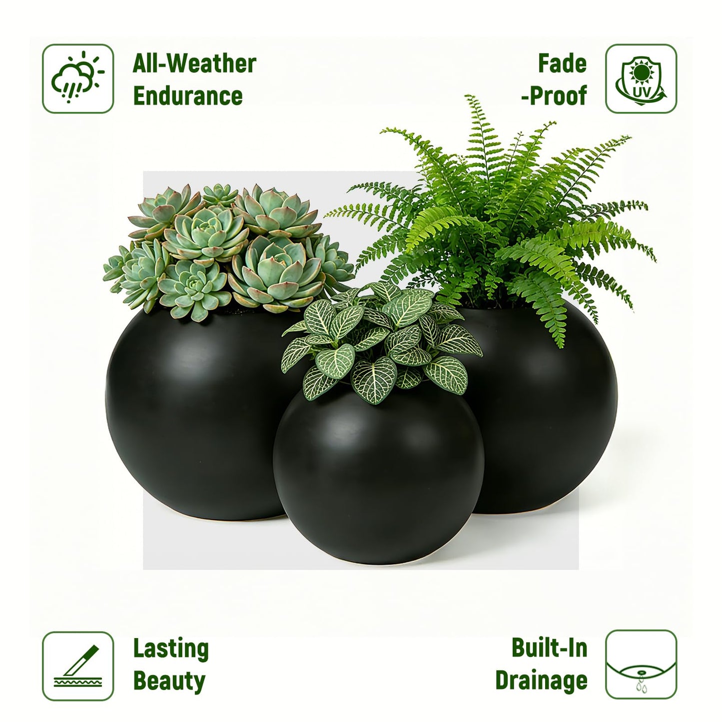 13.5 H x 17" Dia (12" Pot Opening) Round Fiberstone Planter with Drainage Hole, Durable Garden Flower Pots, Black, Resistant for Indoor and Outdoor, Planters for Large Plants pot for Home Decor Patio