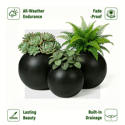 13.5 H x 17" Dia (12" Pot Opening) Round Fiberstone Planter with Drainage Hole, Durable Garden Flower Pots, Black, Resistant for Indoor and Outdoor, Planters for Large Plants pot for Home Decor Patio