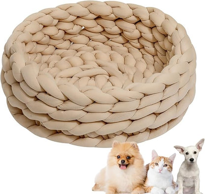 Woven Dog Bed Basket, Knitted Cotton Cat Bed Round Washable Woven Cat Pet Bed Chunky Dog Basket, Orthopedic, Chunky Knit Dog Nest,Dog Bed,Dog Cave,Dog Bedding(Khaki,17")