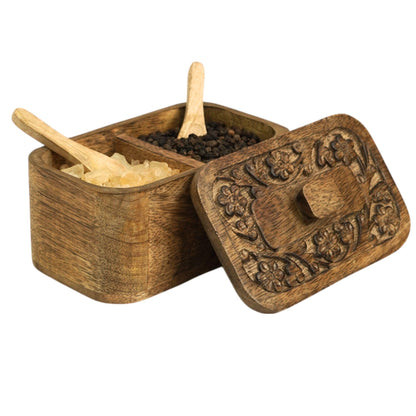 Mie Creations Duet Salt and Pepper Box Cellar with Hand Carved Lid & 2 Spoons, Rustic Wooden Pinch Bowls with 2 large Compartments | Wood Salt Storage Keeper, Spice Bowls for Kitchen Cooking