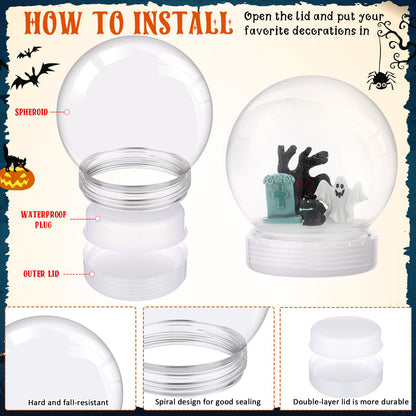 Qinyoung 60 Pcs Halloween DIY Snow Globe Kit, 3.9 Inch Clear Plastic Snow Globes with Resin Halloween Ornaments, Pumpkin Ghost Tombstone Witch Tree Miniatures for DIY Craft, Party Decor Gift