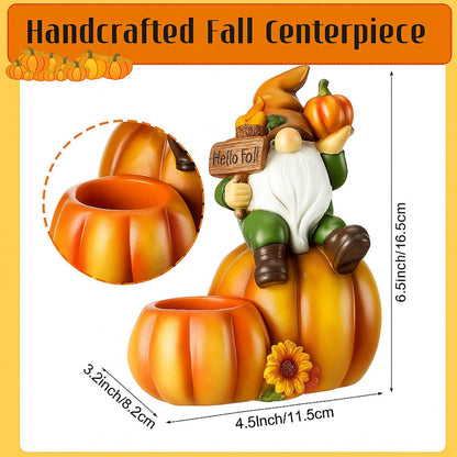 Hotop Fall Pumpkin Gnome Tealight Candle Holder, Thanksgiving Table Centerpiece Resin Figurine, Autumn Harvest Indoor Decor for Mantel Shelf Kitchen Dining Table, 6.5 Inch