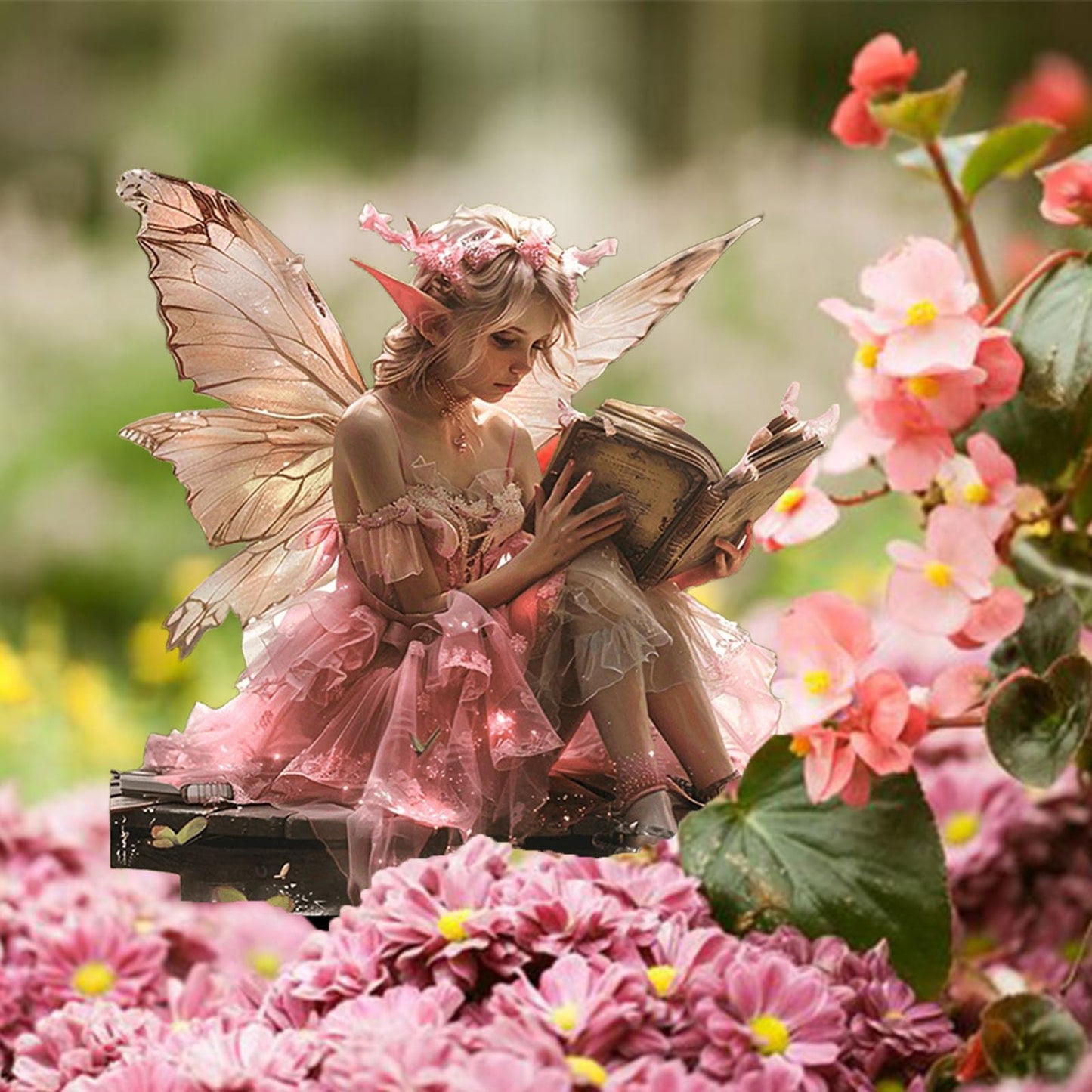 ANNUOZE Fairy Garden Stake Decor, 2D Flat Acrylic Fairy Garden Decor Panel, Elf Yard Sign for Outdoor Indoor Yard Lawn Plants Pots, Fairy Backyard Accessories (Pink Fairy Reading a Book)