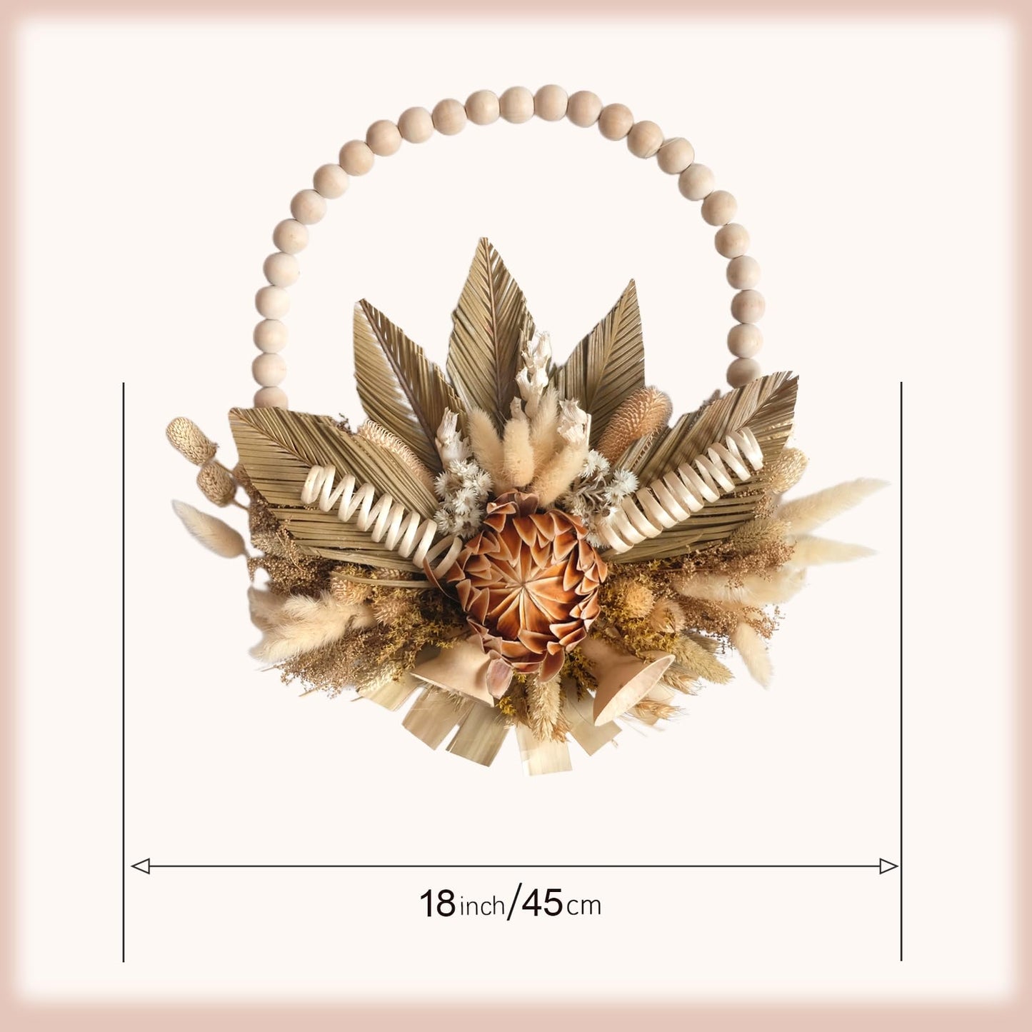 18 Inches idyllic Wood Bead Palm Leaves Wreaths for Front Door, Farmhouse Fall Harvest Thanksgiving Wreath, Fall Wall Kitchen Cabinet Decorations, Lantana