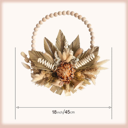18 Inches idyllic Wood Bead Palm Leaves Wreaths for Front Door, Farmhouse Fall Harvest Thanksgiving Wreath, Fall Wall Kitchen Cabinet Decorations, Lantana