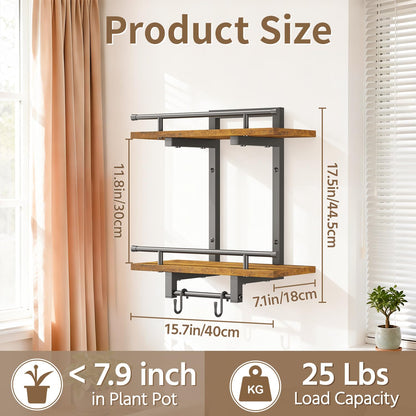 LASZOLA 2Pcs Wall Mount Plant Shelves with 4 Hangers for Indoor, Heavy Duty Metal and Wood Window 2 Tier Floating Flower Holders Stand for Kitchen Bathroom, Modern Display Bracket Rack, Rustic Brown