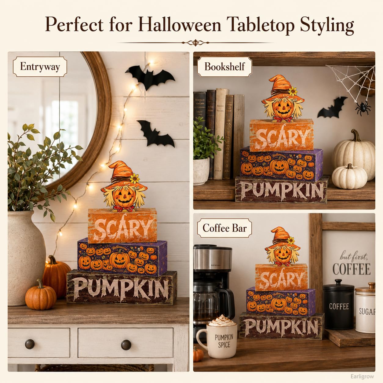 4 Pcs Halloween Table Decor Wooden Scarecrow Tiered Tray Decorations Rustic Farmhouse Tabletop Centerpiece Scary Pumpkin Wood Block Signs for Home Kitchen Shelf Mantel Office Desk