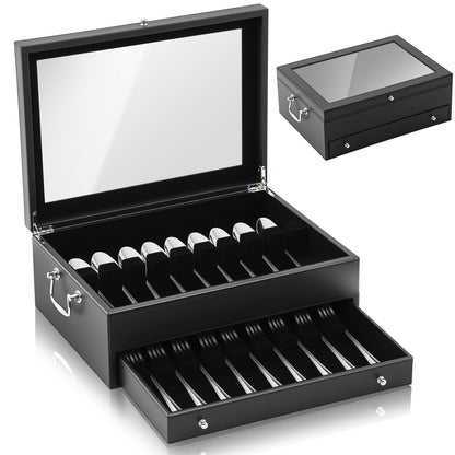 DoubleFill 2 Layer Leather Silverware Storage Box with Lid and Handles, Anti Tarnish Silverware Storage Chest Case with Felt-lined for 12-16 or More Sets of Utensils Flatware Gifts, 15.3x11.2x5.7 Inch