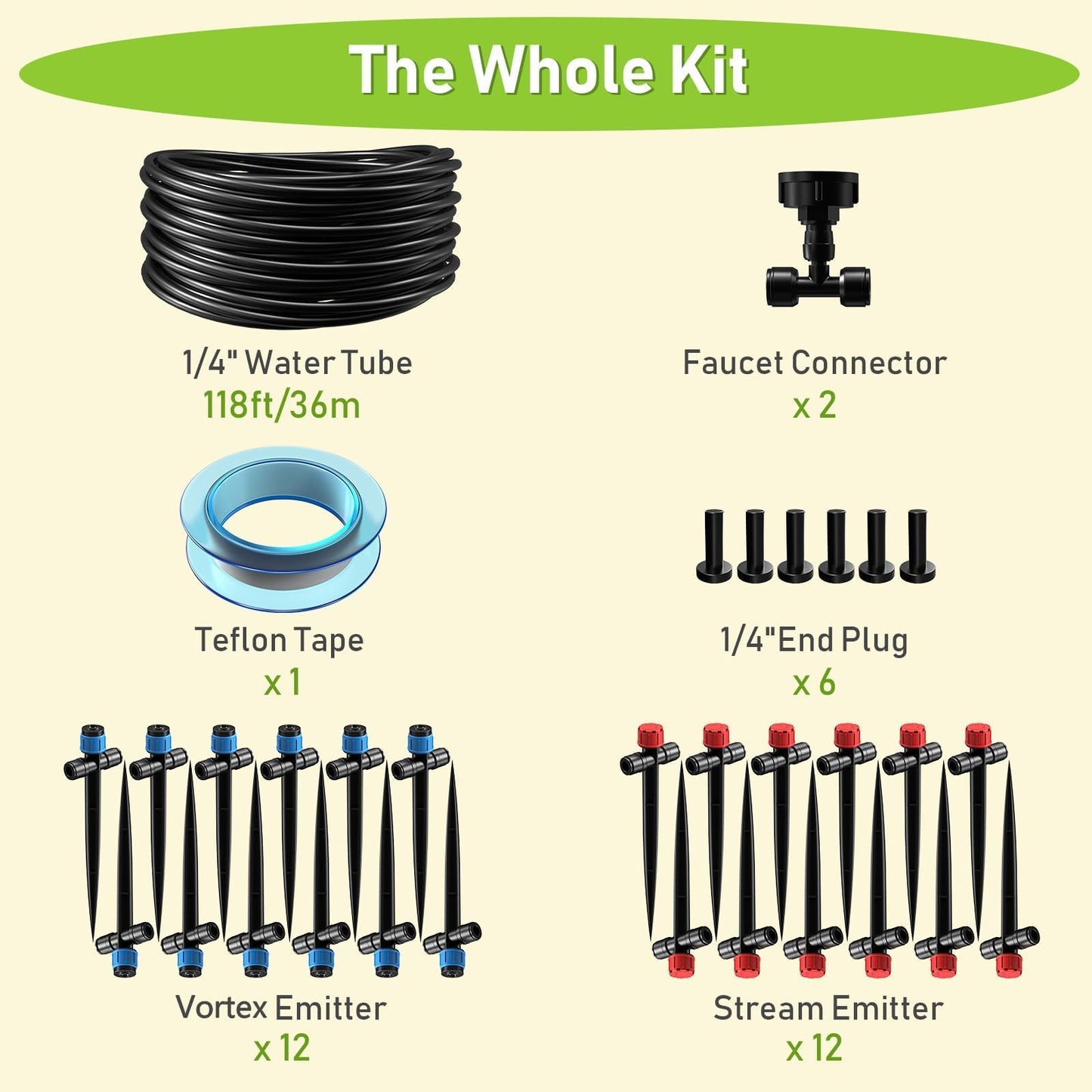 118FT Drip Irrigation System, Garden Watering System, Quick-Connect Drip Irrigation Kit for Lawn Raised Bed Greenhouse, Plant Watering System with 1/4'' Drip IrrigationTubing, Drip Emitters,Connectors