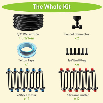 118FT Drip Irrigation System, Garden Watering System, Quick-Connect Drip Irrigation Kit for Lawn Raised Bed Greenhouse, Plant Watering System with 1/4'' Drip IrrigationTubing, Drip Emitters,Connectors
