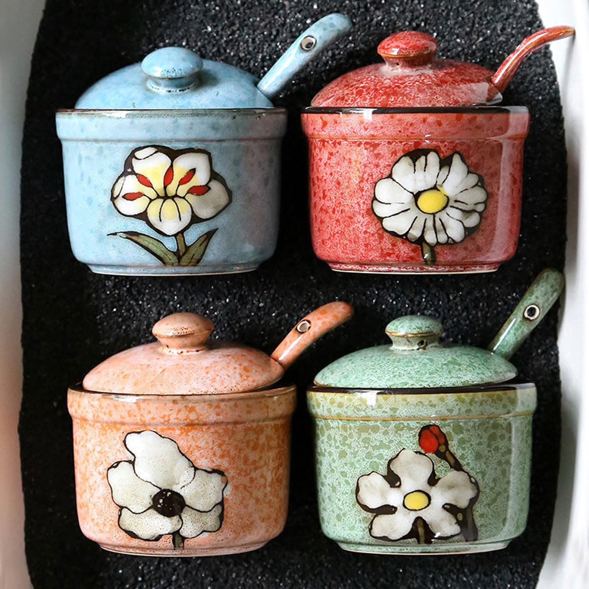 Soyestan Handmade Ceramic Sugar Bowl with Lid and Spoon, 9oz Porcelain Condiment Jar with Hand-Painted Floral Design, Colorful Seasoning Container for Sugar, Salt, Spices Kitchen (Blue)