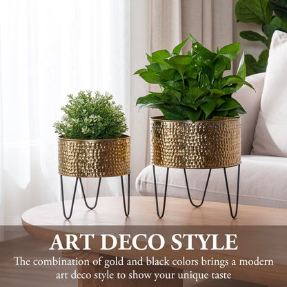 MyGift Modern Brass Tone Metal Planter Pots with Pebbled Texture, Hammered Plant Containers with Matte Black Wire Stands, 2 Piece Set, 8 and 10 Inch - Handcrafted in India