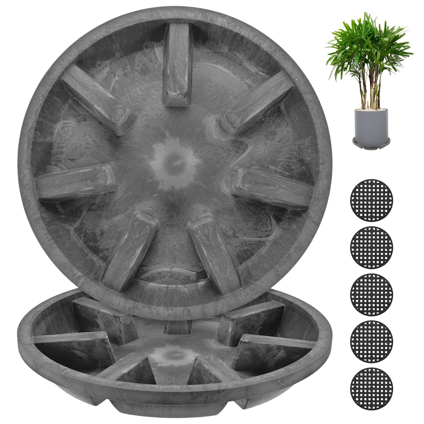 M METERXITY 2-Pack Plant Saucer, 10.04 Inch/25.5 cm Plastic Plant Trays Thicker for Pots/Indoor/Outdoor/Water Drainage and Protection, Flowerpot Drip Tray [Black Clay]