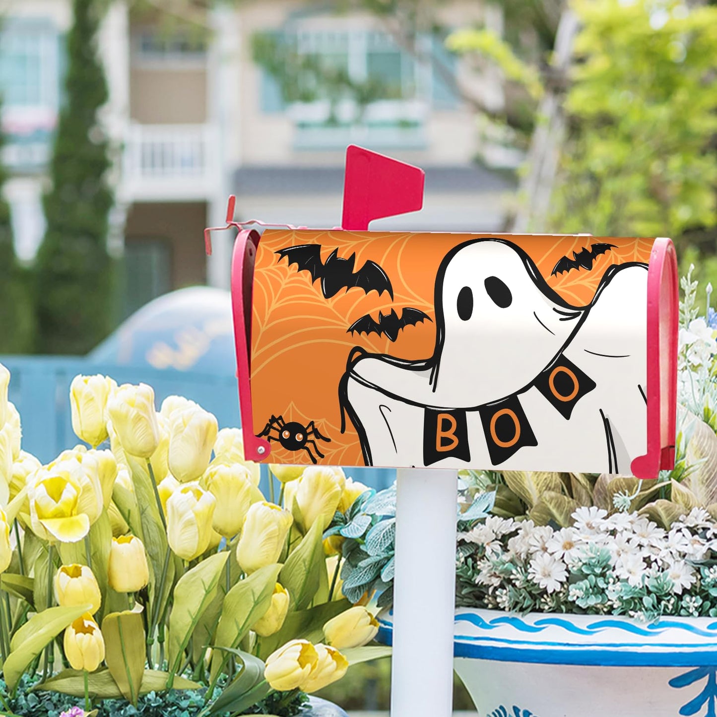 Anyako Halloween Ghost Boo Orange Mailbox Covers Magnetic Standard Size 18" X 21",Spooky Bat Spider Web Mailbox Wraps Post Letter Box Cover for Holiday Garden Yard Decor