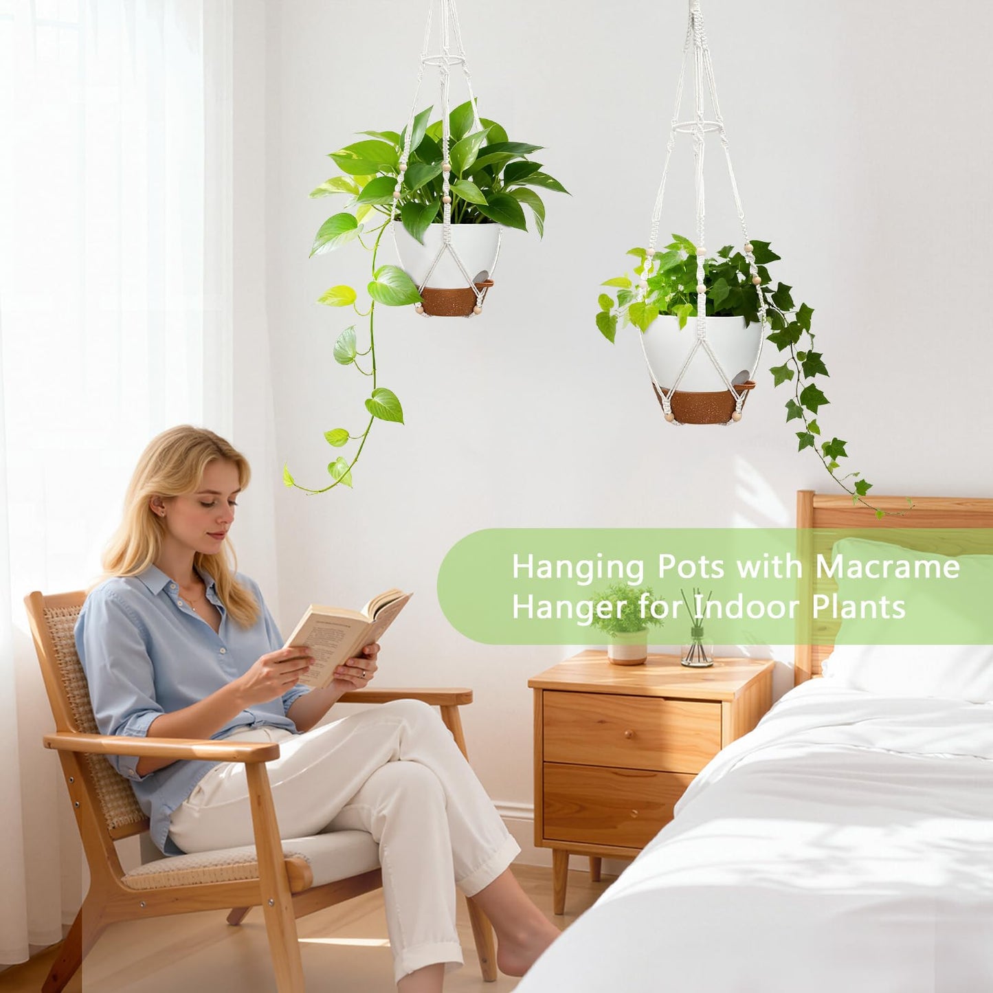 MSFON 2 Pack Hanging Planters with Grow Light for Indoor Plants, 10” Self Watering Pots for Apartments & Low-Light Rooms, Macrame Hangers, Timer, Drainage Holes & Removable Tray