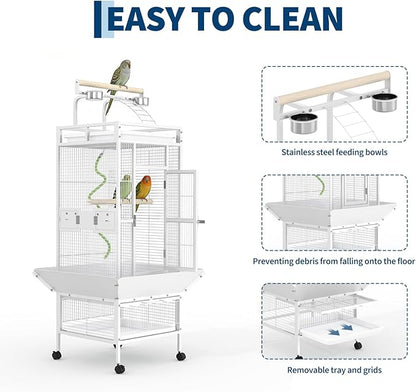 60" h Large Bird Cage, Indoor Parakeet Cage with Playtop, Bird Rope Perche, Heavy Duty Wrought Iron Bird Cage on Wheels for Parrots, Parakeets, Cockatiels, Conures