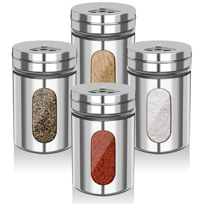 4 PCS Stainless Steel Salt and Pepper Shakers with Adjustable Pour Holes – Elegant Glass and Metal Spice Shakers for Coarse, Kosher, Sugar, Cinnamon, and Spices