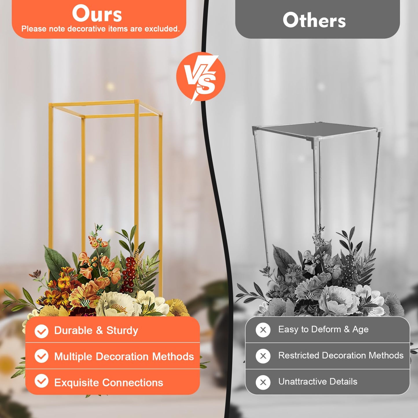Kangten 10pcs Wedding Flower Stand Column - Geometric Metal Gold Centerpieces Vase for Tables - Rectangular Flower Display Rack for Valentine's Day Wedding Party Table Decoration Supply
