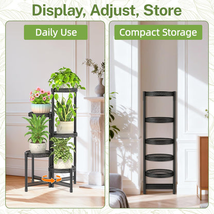 iDavosic.ly Plant Stand Indoor Outdoor, 5 Tier Corner Metal Flower Display Holder Shelf, Folding Tall Orchid Rack for Patio Balcony Porch Garden Living Room House, Wrought Iron - Modern Black