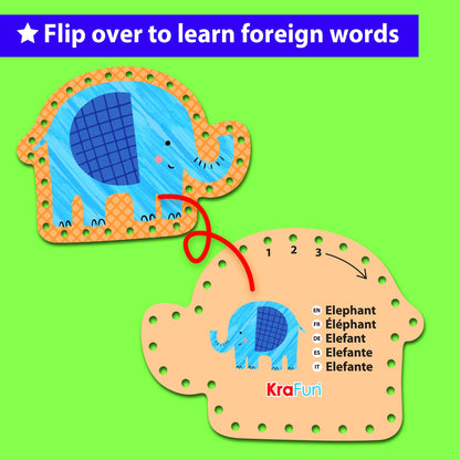 KRAFUN My First Lacing Cards Kit for Toddlers & Kids Age 3+, 5 Safari Animal Arts & Crafts Projects, Fine Motor Skills Toys, Beginner Activity Set with Lion Monkey Elephant Tiger Crocodile