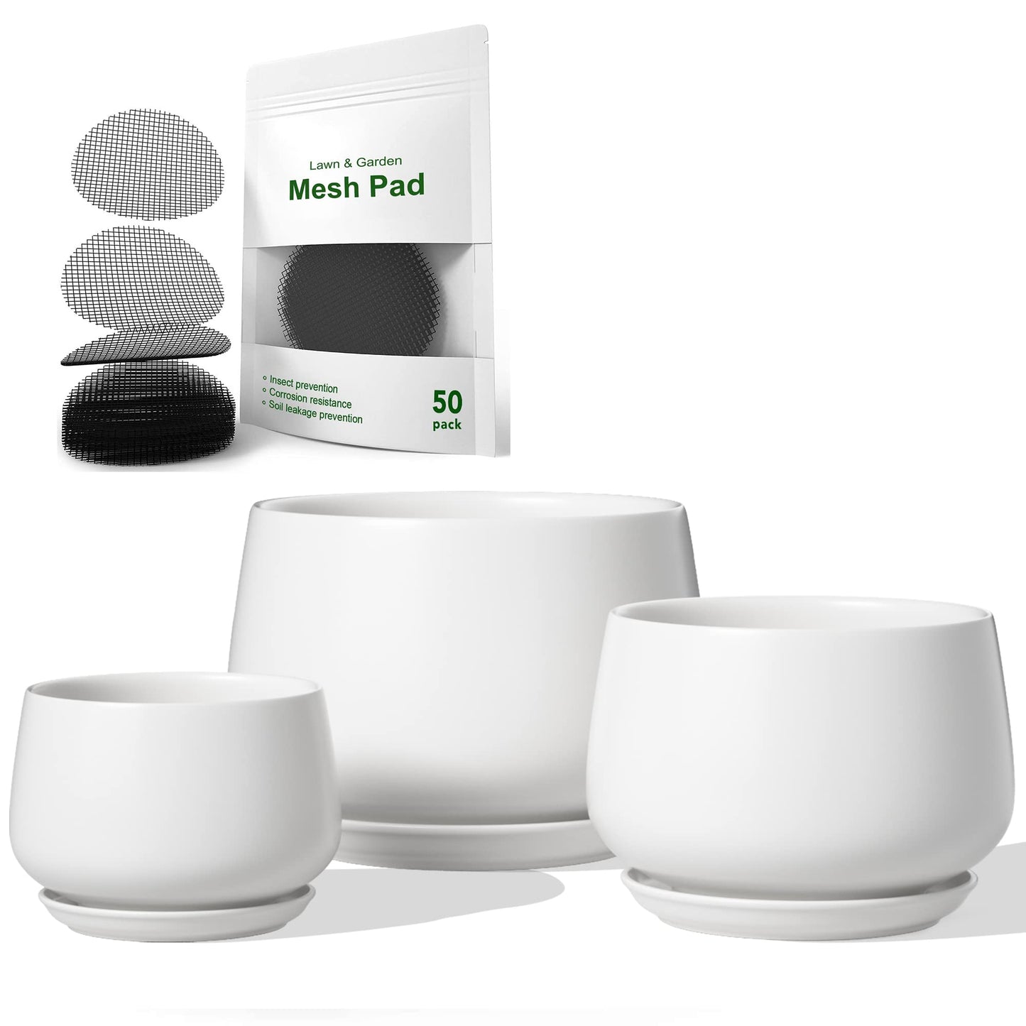 LE TAUCI Ceramic Plant Pots, 4.1+5.1+6.5 Inch Set with 50 Pack 2" Flower Pot Hole Mesh Pad Bundle, Planter with Drainage Hole and Saucer, White