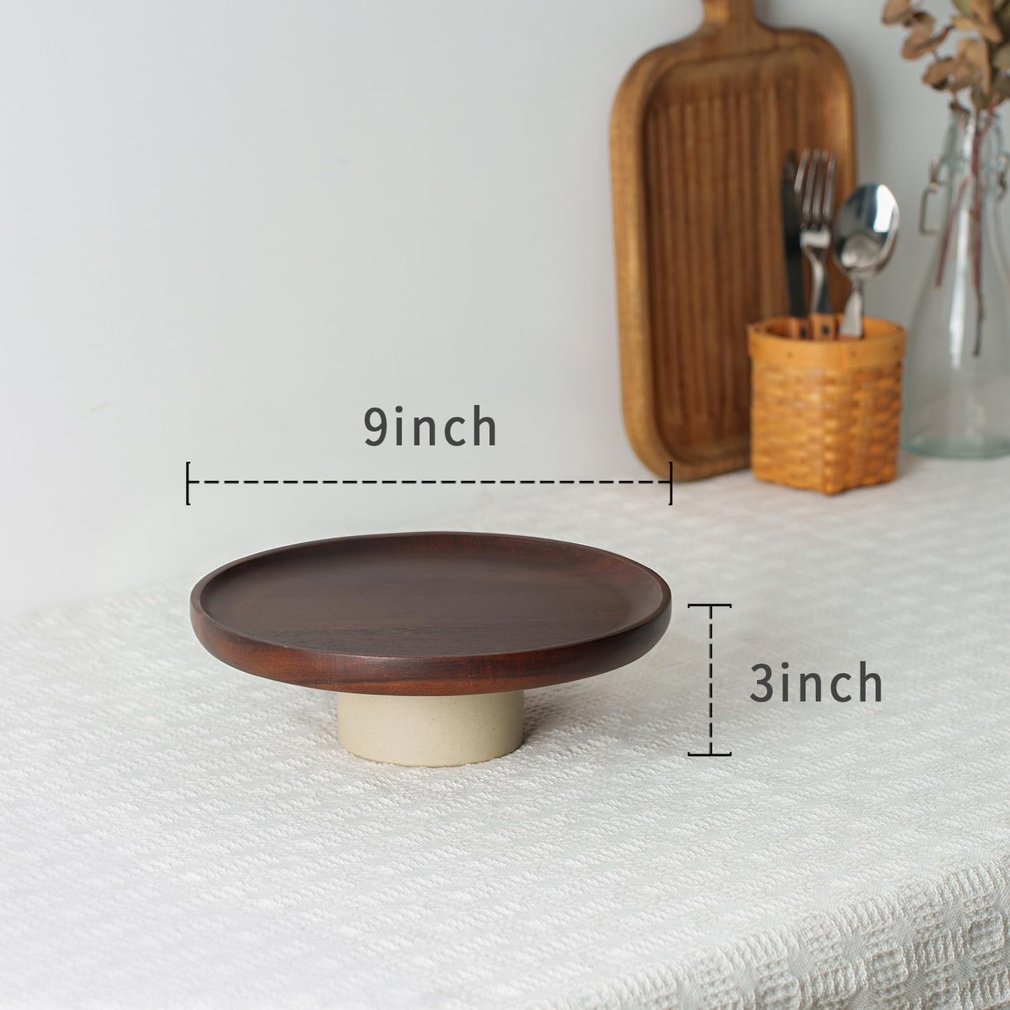 CEEFU 9 inch Rustic Acacia Wood Cake Stand - Natural Wooden Clay Wedding Cake Pedestal Serving Stand for Cupcake Dessert Bites Display in Party, Birthday, Beautiful Farmhouse Kitchen Decor
