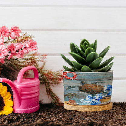 DreamAutumn Ocean Theme Sea Turtle Ceramic Pots for Plants with Drainage Holes Round Flower Pot Bamboo Tray Orchid Pot Succulents Pots for Outdoor Indoor Plants,Housewarming Gifts