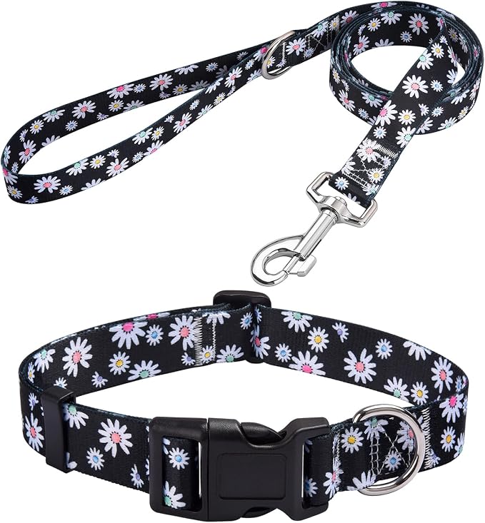 MarukoPet Dog Collar and Leash Set, Adjustable for Small Medium Large Dogs Puppy, Cute Design with Bohemia Floral Tribal Geometric Patterns Boys Girls Dog Collar(Black Daisy Set,L)