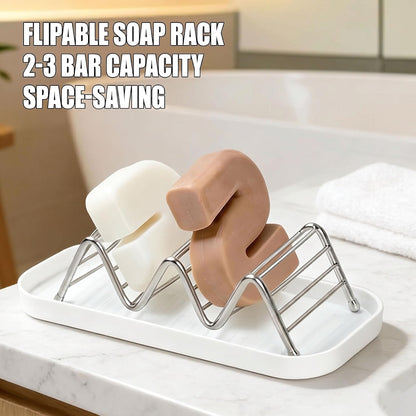 Bar Soap Holder with Removable Drip Tray,Rustproof SUS304 Stainless Steel Soap Dish for Shower Bathroom Countertop, Non-Slip Wave Bar Saver for Shampoo Soap Sponge, White