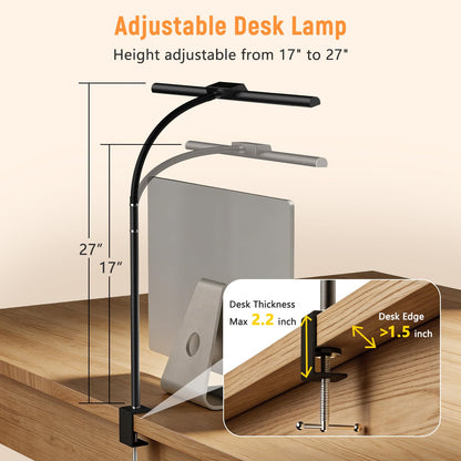LED Desk Lamp for Home Office, Flexible Gooseneck Desk Lamp with Clamp, 5 Color Touch Control Stepless Dimming Adjustable Eye-Caring Desk Light with Adapter for Reading, Study, Workbench (Black)