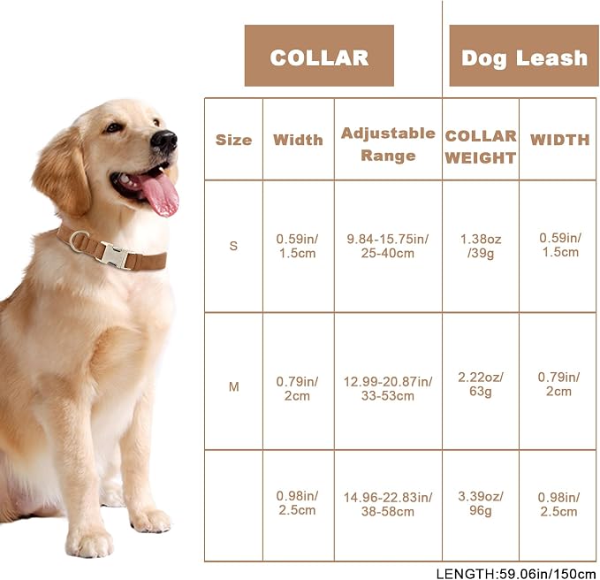 Genuine Leather Dog Collar - Adjustable Pet Collar with Quick Release Metal Buckle, Soft Skin Friendly Real Leather Collar for Small, Medium, Large Dogs (Brown Collar + Rope, L：Fit 15-23" Neck)
