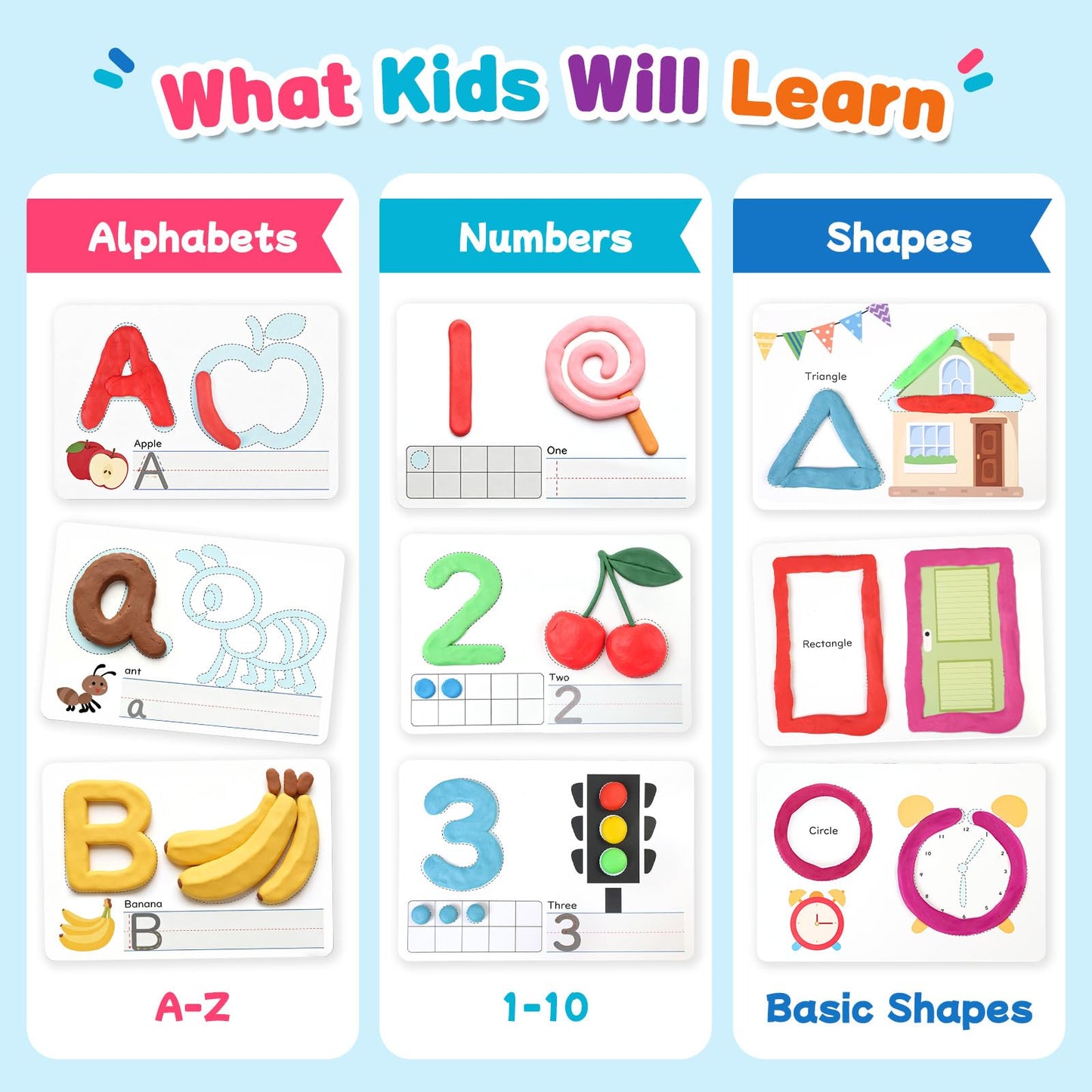Crelloci Alphabet & Number Dough Learning Mats for Kids Ages 2+ – Double-Sided ABC, Counting & Shape Activity Cards, Reusable Write & Wipe Preschool Learning Set with Marker