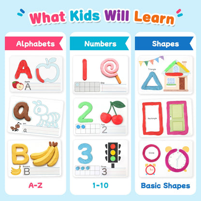 Crelloci Alphabet & Number Dough Learning Mats for Kids Ages 2+ – Double-Sided ABC, Counting & Shape Activity Cards, Reusable Write & Wipe Preschool Learning Set with Marker
