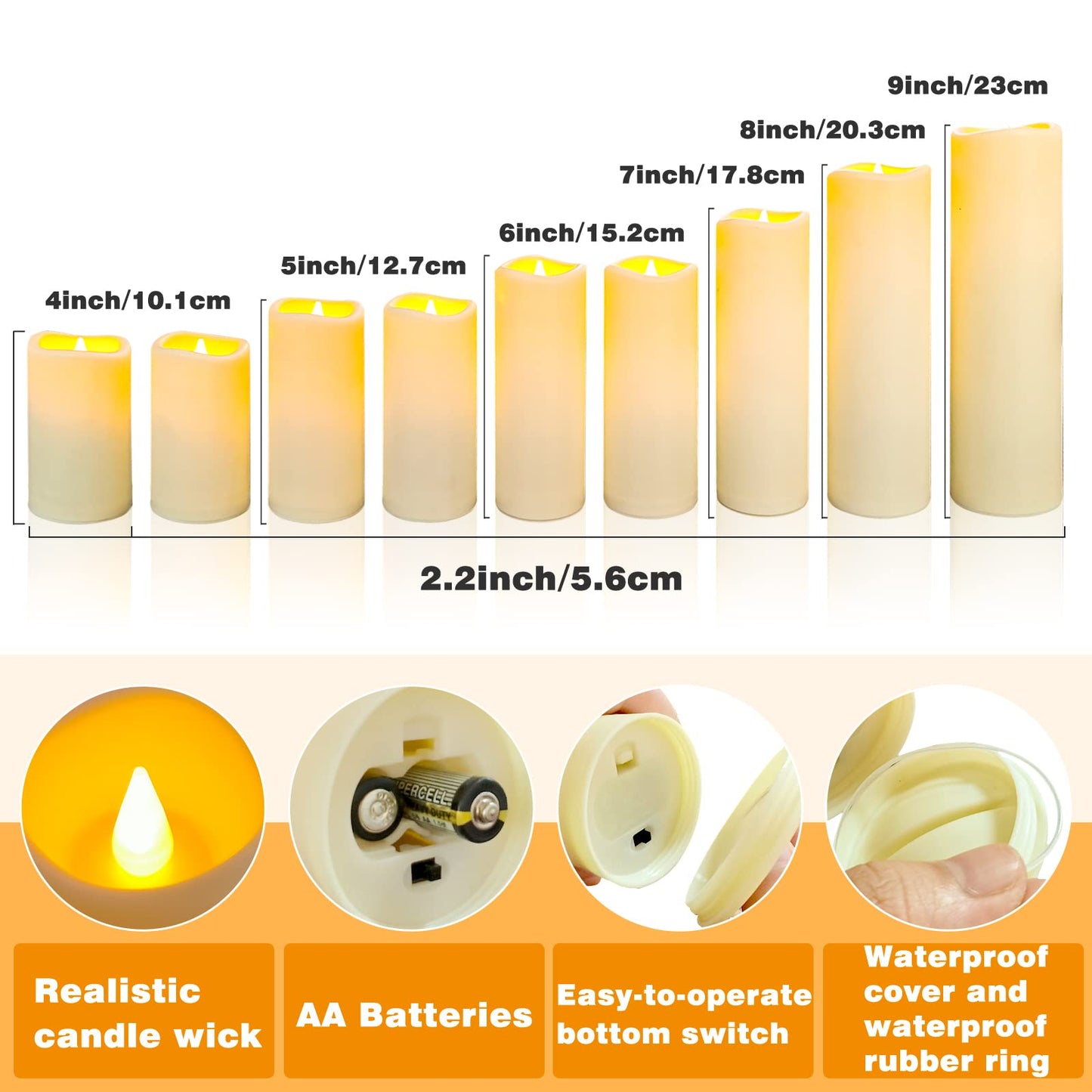 YIWER Waterproof Flameless Candles, Outdoor Battery Operated LED Pillars Candles, Electric Fake Candle Set of 9 with Remotes, Halloween, Christmas Decorations